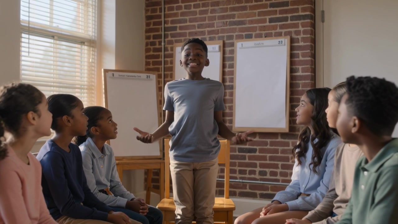 Rising on teacher cue, boy wearing gray tee khakis presenting to peers with easel in classroom