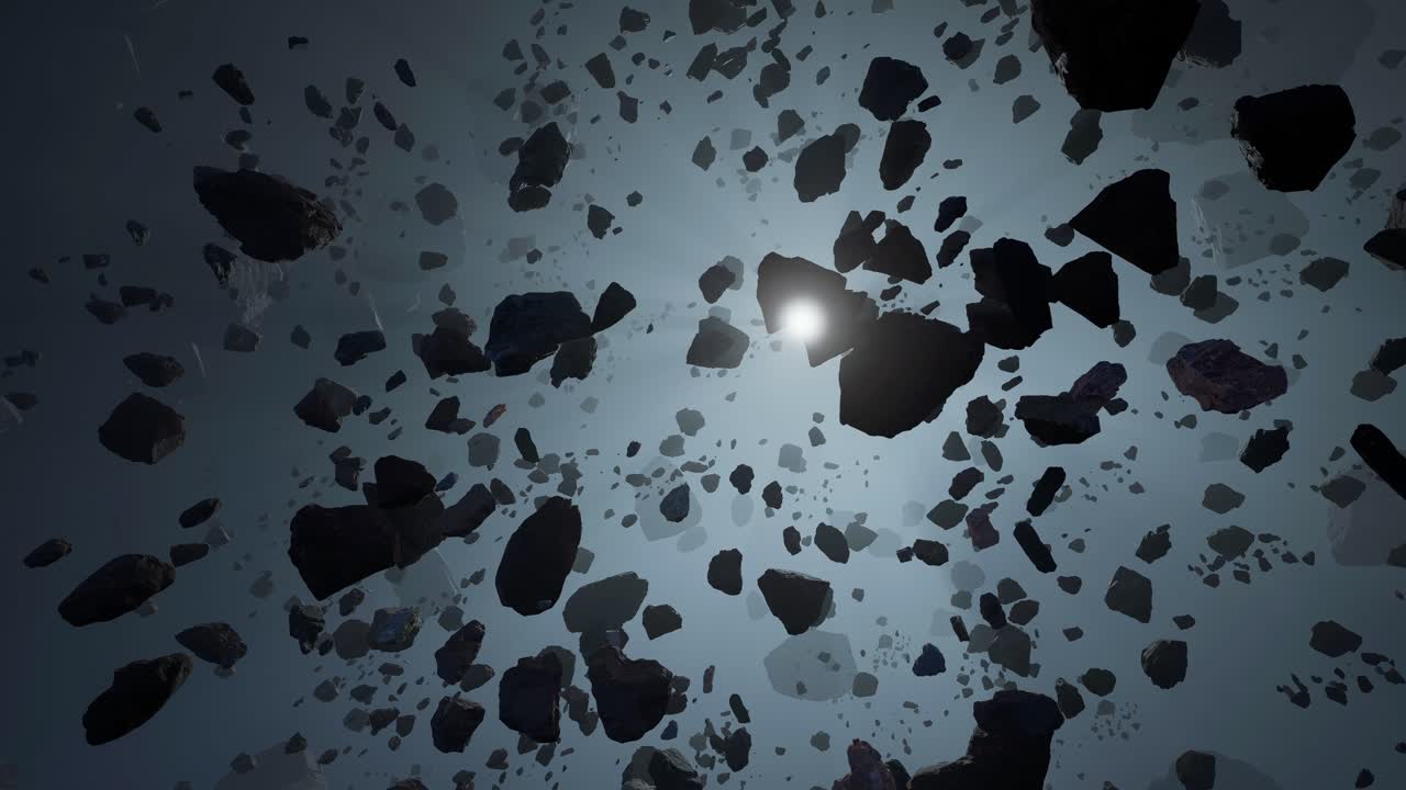 animación 3d de un campo de asteroides en el espacio profundo, disparo lineal cinematográfico panorámico lento