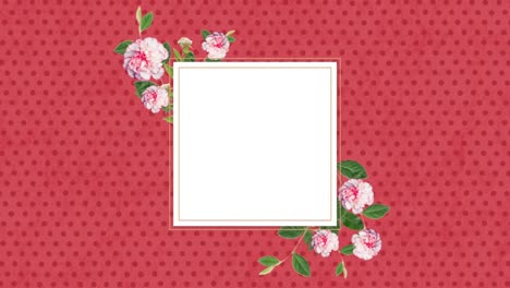 animation of blank square card decorated with pink flowers with rows of red dots on pink background