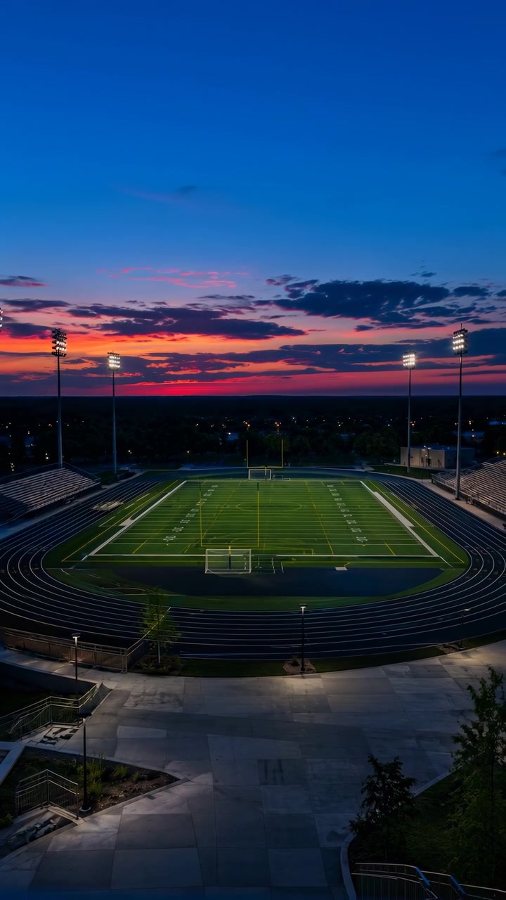 Una vista dall'alto mostra un tranquillo stadio di calcio all'aperto con un campo verde brillante, una pista di atletica circostante, alti fari, tribune laterali e un cielo al tramonto luminoso sopra una scura linea di alberi, creando calma