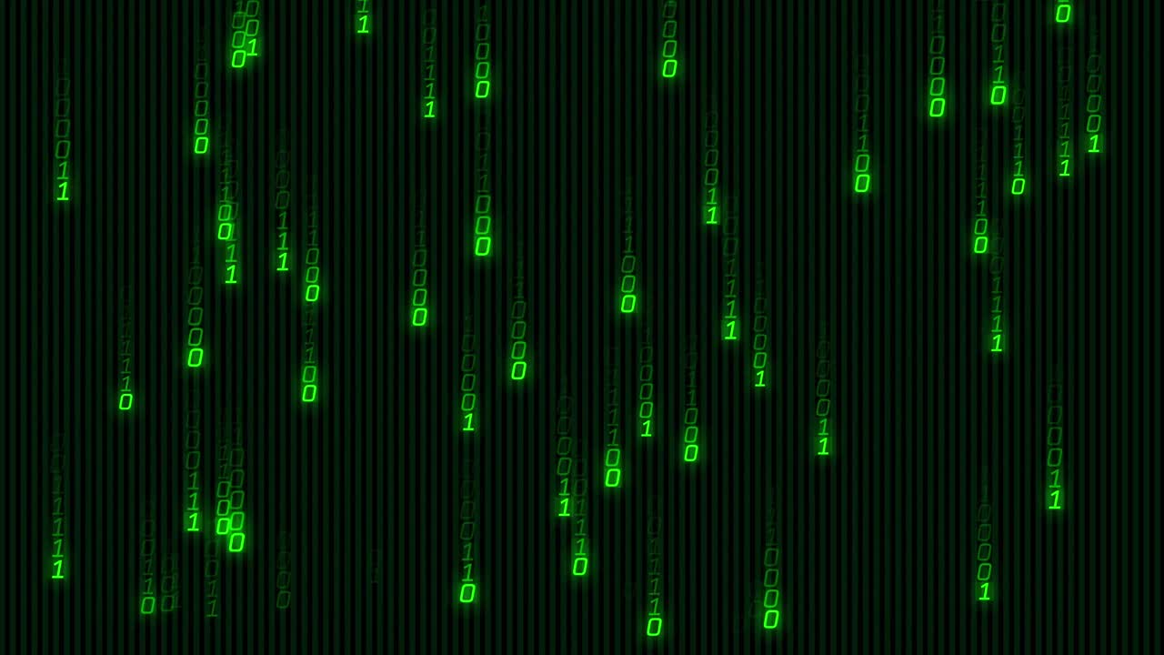 Animation of green binary coding data processing over black background