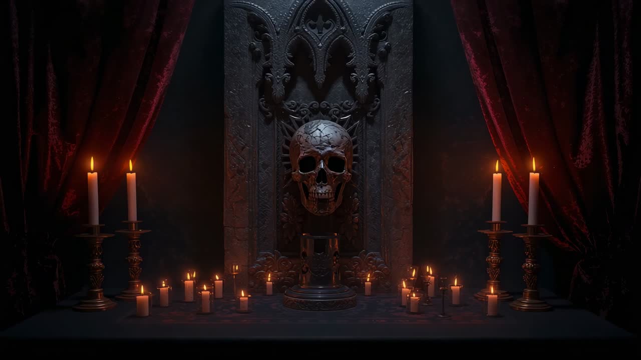 Flickering candles casting shifting shadows across weathered skull on carved panel at gothic altar