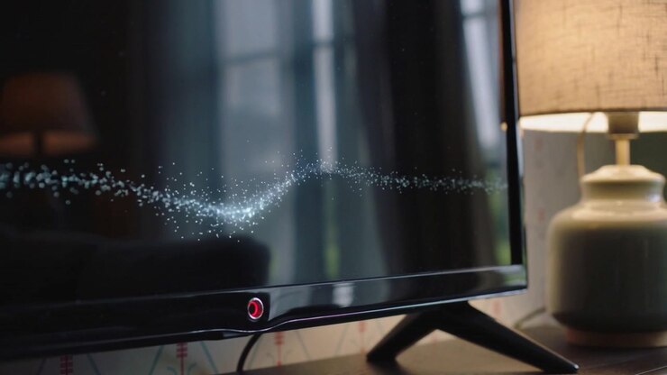Gliding particle stream appearing left edge, flat-screen TV showing wave at home table, lit lamp