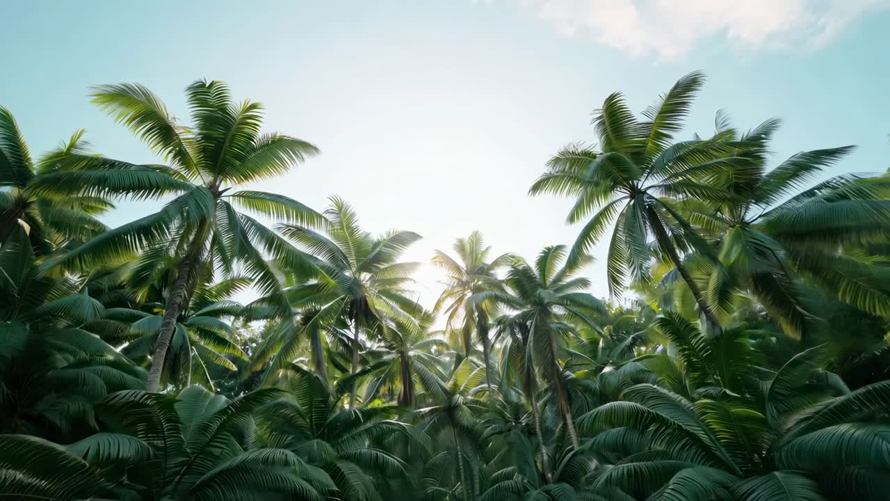 Aerial video view of lush palm trees under a bright sky, capturing the vibrant green foliage