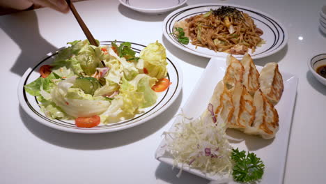 a helthy meal of vegetable salad, chow mien, and dumplings, served in a restaurant in pattaya, in chonburi province in thailand