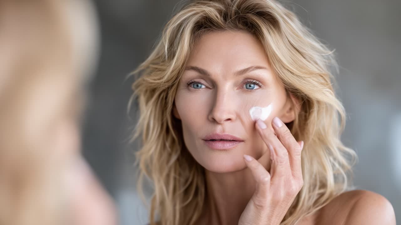 A woman carefully applies skincare cream to her face, showcasing her dedication to beauty and self-care, while exuding a natural glow and confidence in her routine
