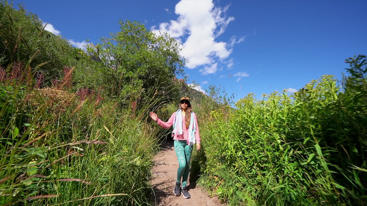 caminando por el sendero siguiendo a las mujeres modelo actriz mano en alta hierba verde campanas marrón desierto aspen masa de nieve montañas rocosas colorado verano impresionante mañana gimbal cinematográfico estable hacia atrás