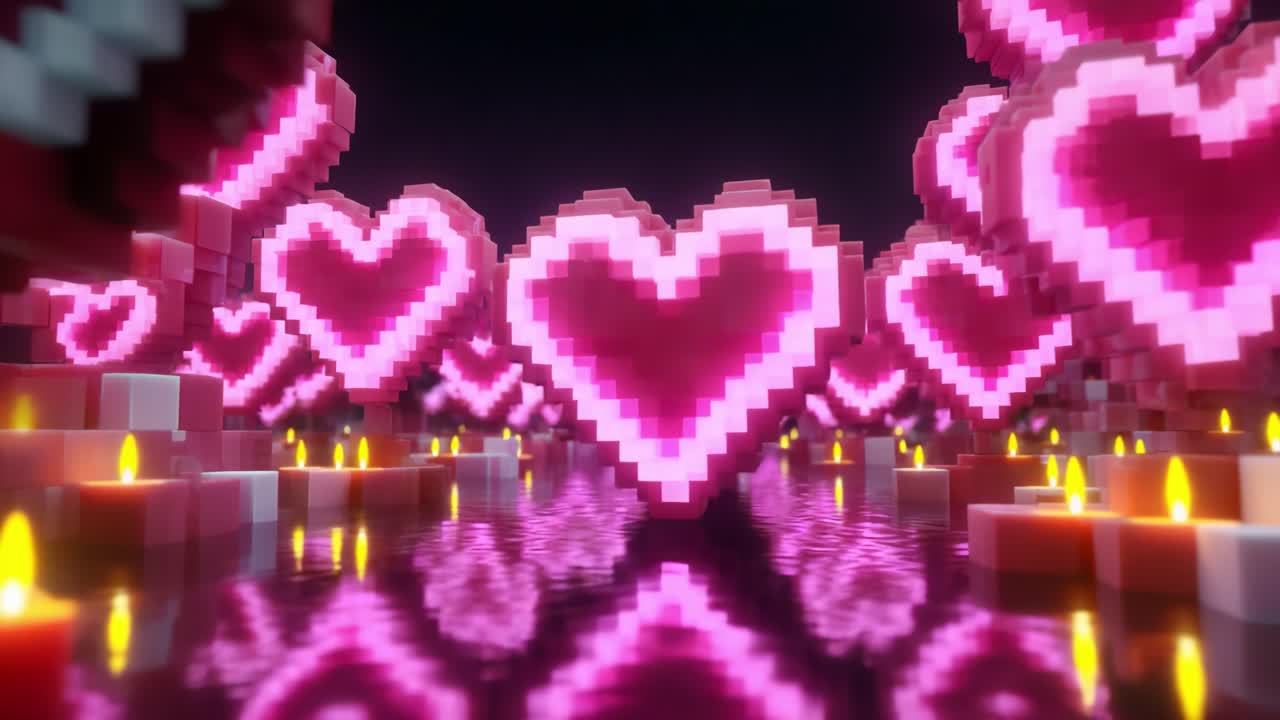 A mesmerizing display of pixelated hearts in a digital landscape, illuminated by soft glows, reflecting on a shimmering surface, evoking feelings of love, warmth, and digital artistry in a vibrant, ethereal setting