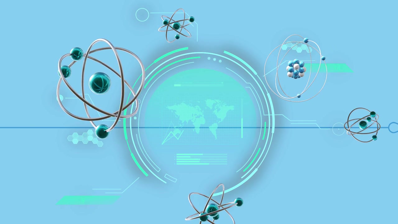 HUD pulsing causing atomic models entering from right and left, orbiting, scaling, visualizing data