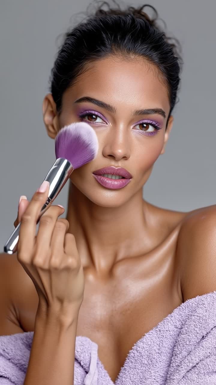 Beautiful woman with purple eyeshadow holding makeup brush while getting ready in purple robe