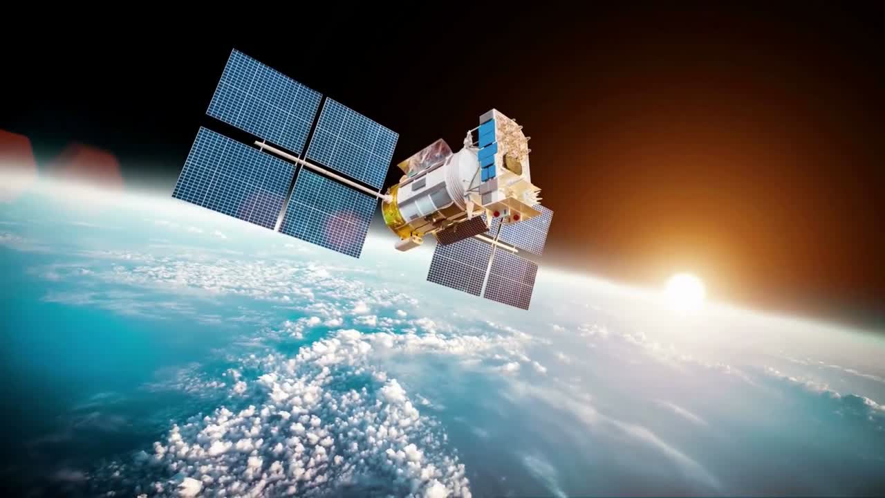 una impresionante imagen de un satélite con paneles solares en órbita alrededor de la tierra.