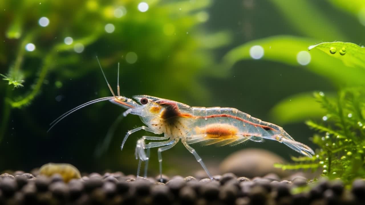 A Close-Up View of a Vibrantly Colorful Shrimp Swimming Gracefully Through Aquatic Plants in a Freshwater Aquarium Environment, Showcasing Its Unique Features