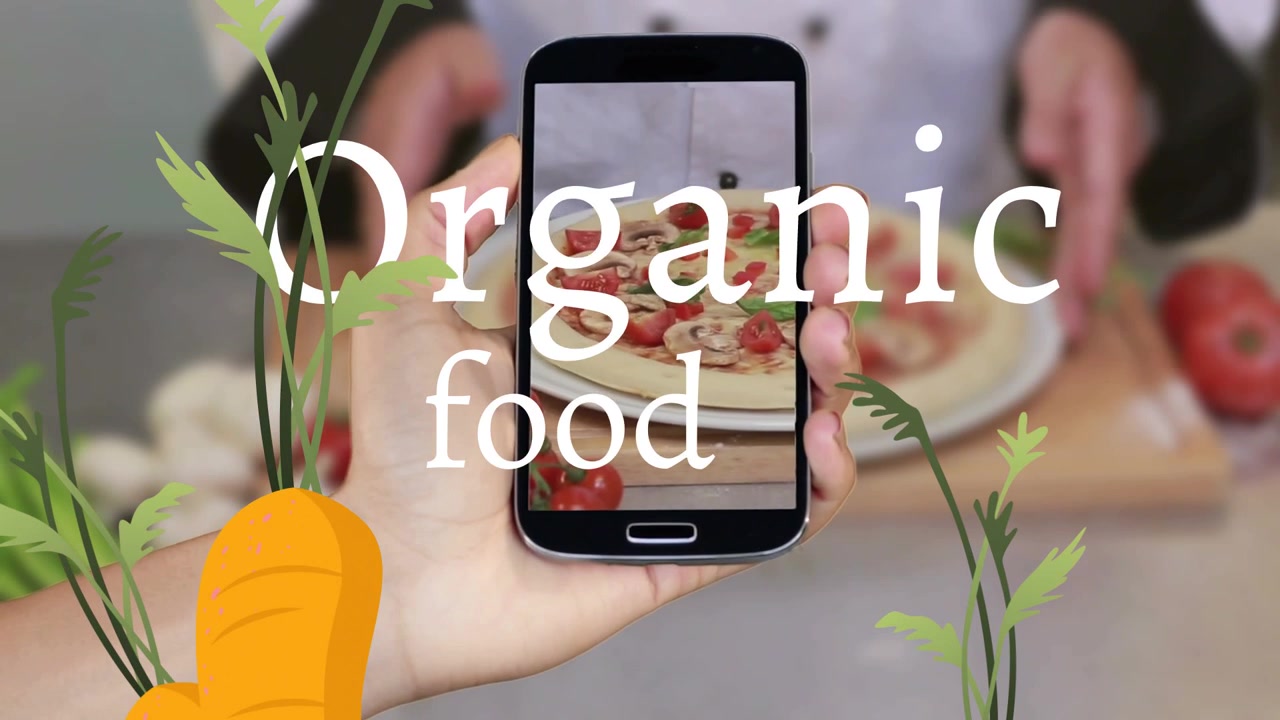 User tapping phone filming cook prepping tomato plating for food ad via animated Organic food text