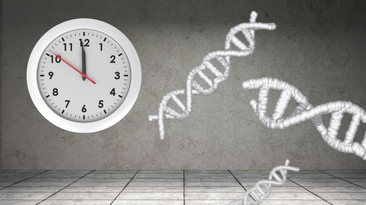 Animação de relógio em movimento sobre fitas de DNA em fundo cinza