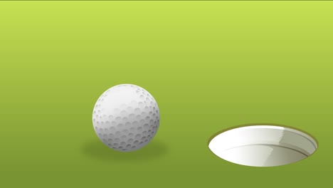 A white golf ball bounces on a green surface, approaches a cup, and drops into the hole with smooth, realistic motion and soft lighting
