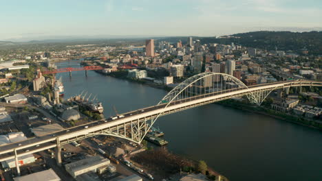 circling aerial shot over fremont bridge portland oregon