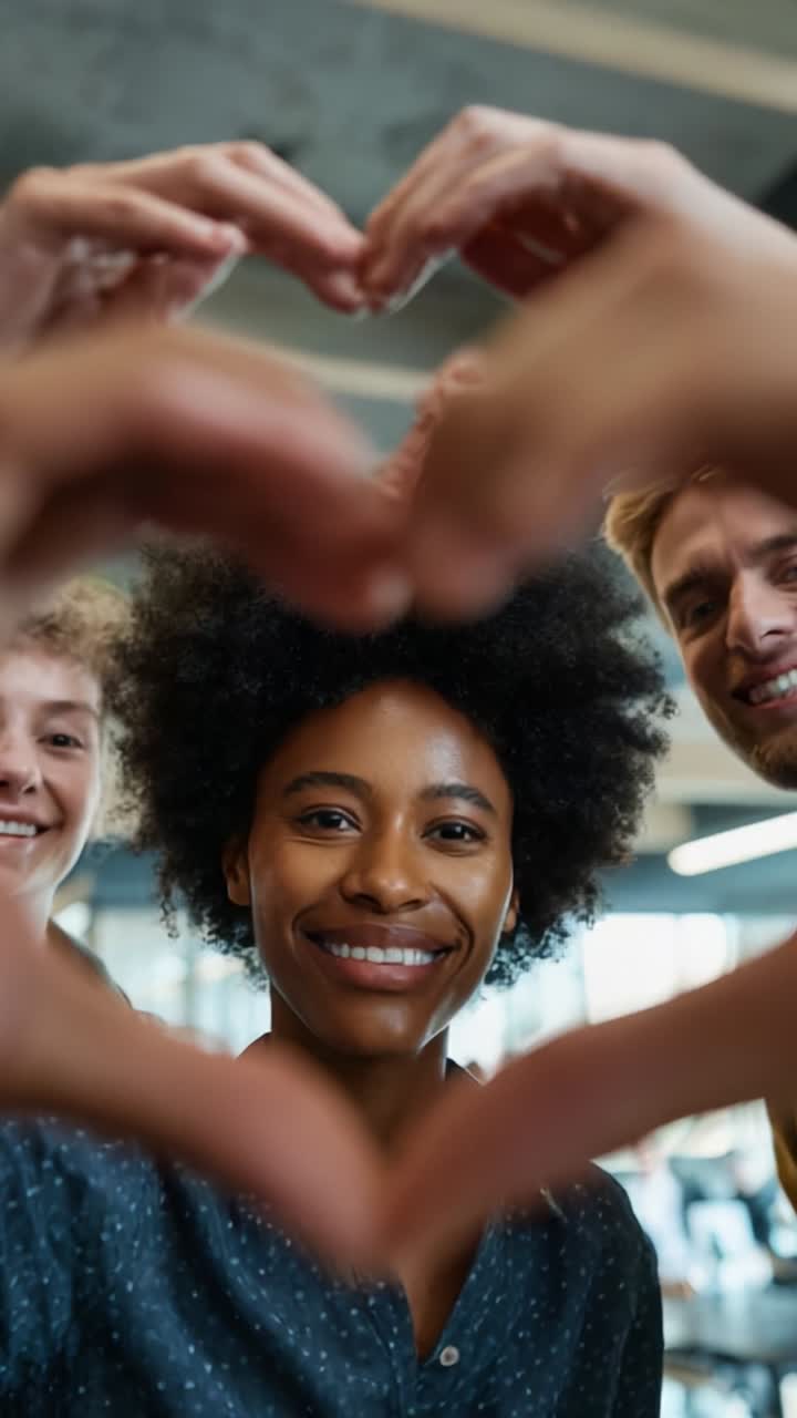 Celebrating Connection: A Group of Friends Forming Heart Shapes with Their Hands Around a Joyful Individual in a Modern Indoor Environment