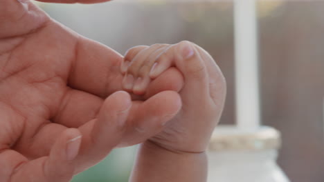 close up mother holding baby hand touching fingers mom nurturing newborn caring for infant at home motherhood love 4k