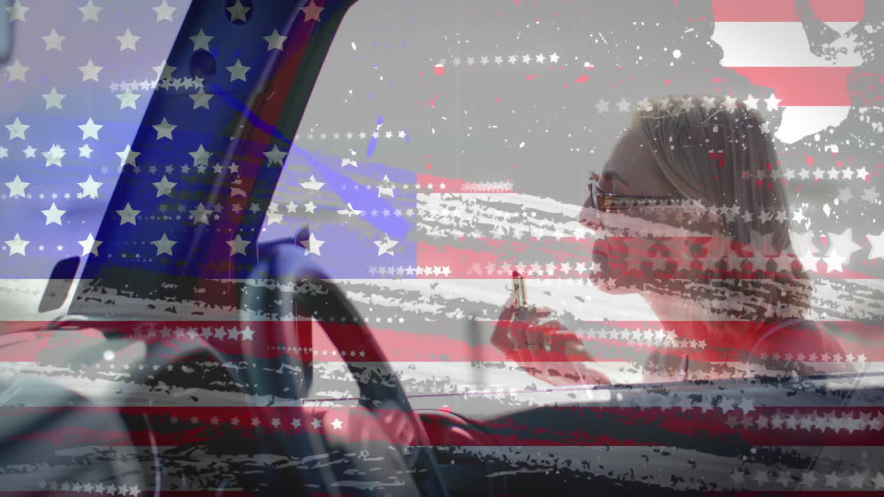 해변에 있는 차에 있는 백인 여성 위에 있는 미국 발의 애니메이션