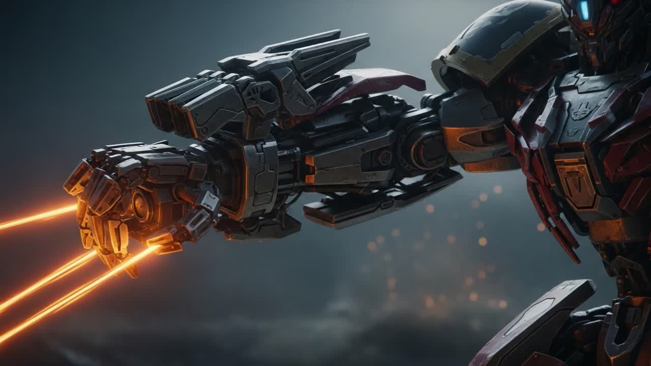 Dynamic Action of a High-Tech Robotic Arm Firing Laser Beams in a Futuristic Setting, Showcasing Advanced Technology and Engineering