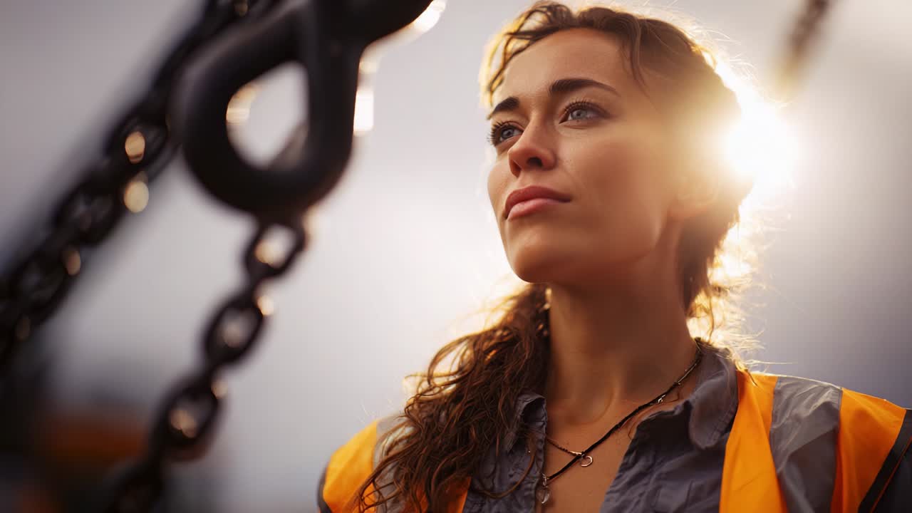A Determined Young Woman Wearing Safety Gear and Standing Confidently During Sunrise, Symbolizing Empowerment and Strength in the Industrial Workplace