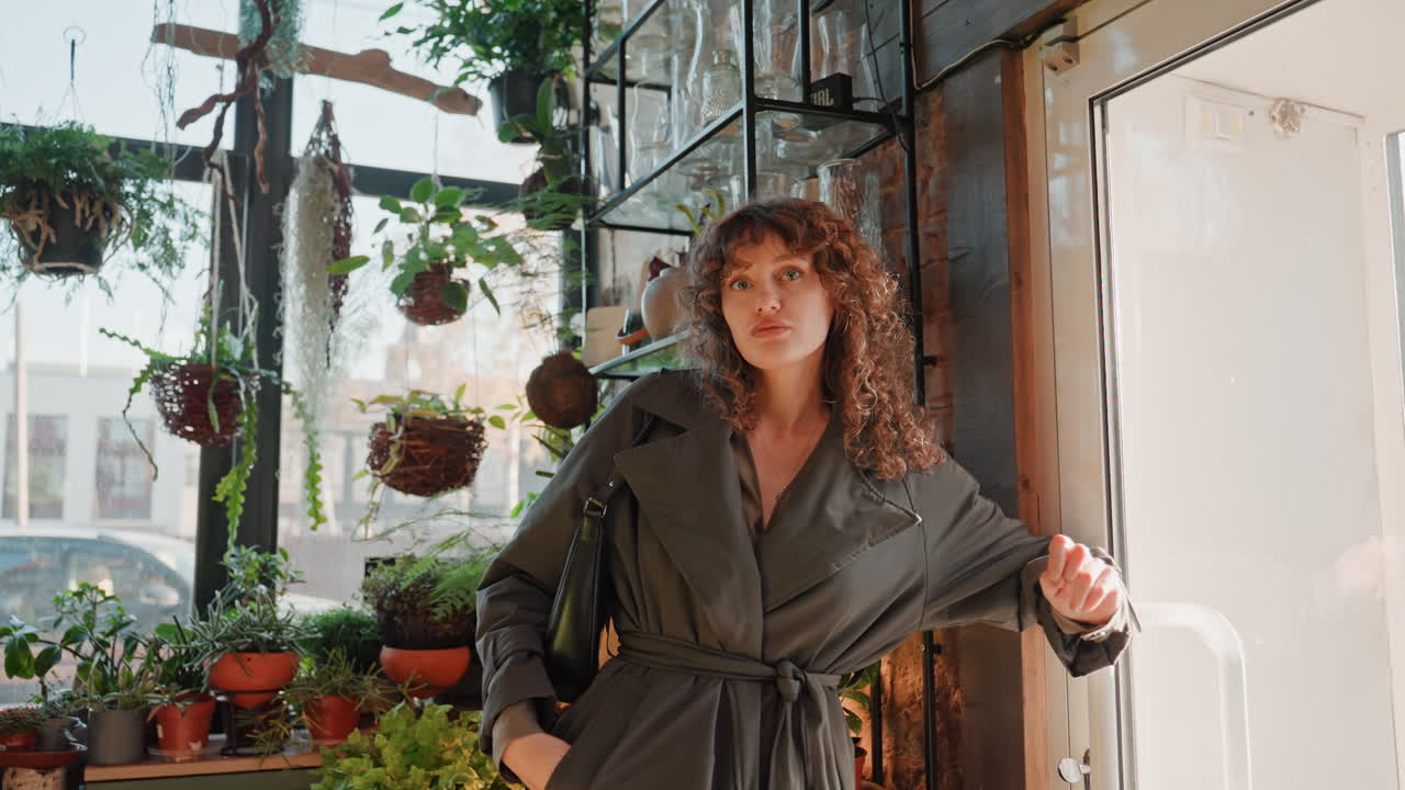 Florista en una tienda de plantas bañada por el sol, mirando por la ventana bajo una suave luz matutina. Macetas colgantes, estantes de terracota y suculentas. Una mujer de cabello rizado se apoya en el marco de la puerta, con un semblante reflexivo, tonos cálidos, y un estilo cinematográfico de poca profundidad de campo.