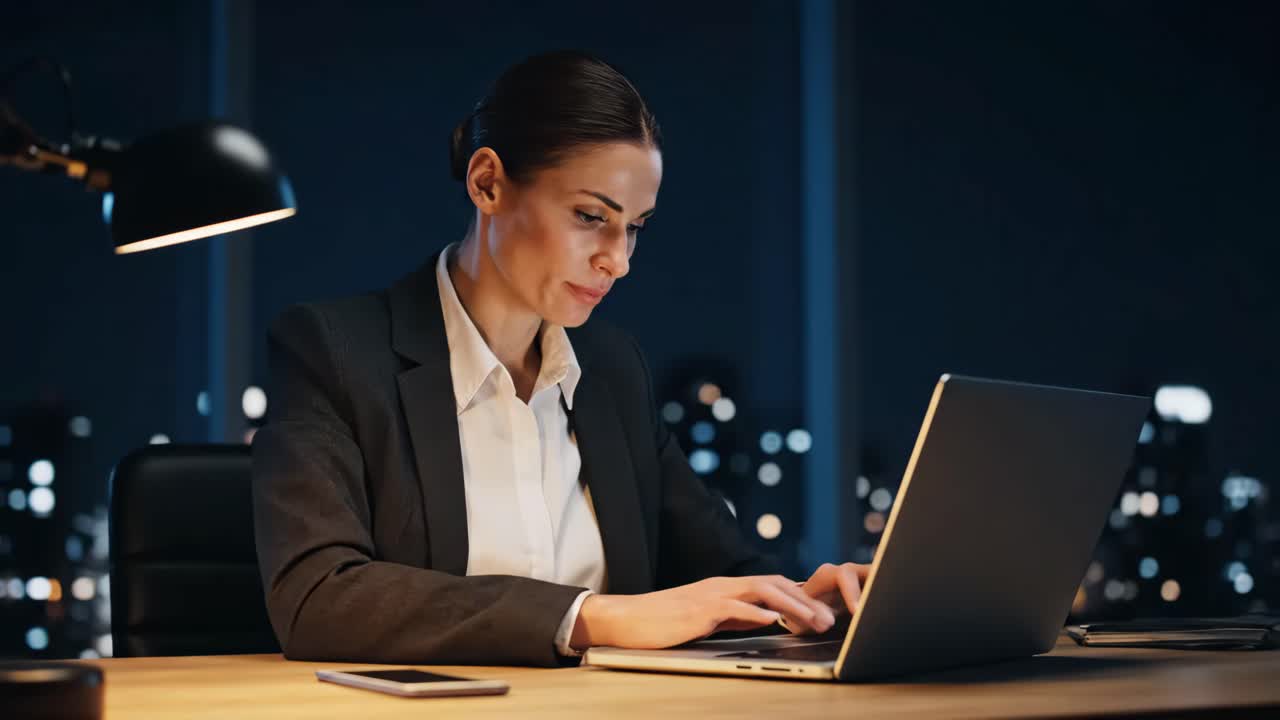 Businesswoman working on laptop in office at night