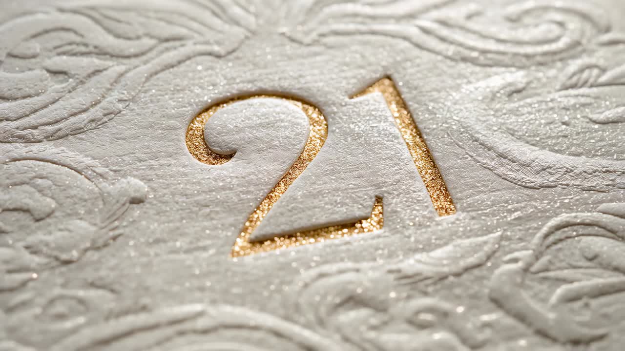 Shifting studio light revealing glints and deeper embossing on recessed gold-foil 21 to show gold