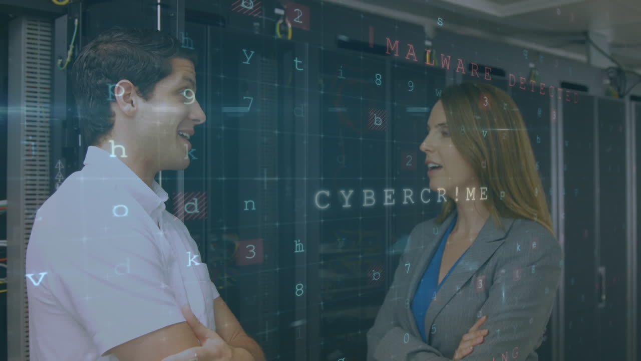 Man and woman talking in server room with moving security messages
