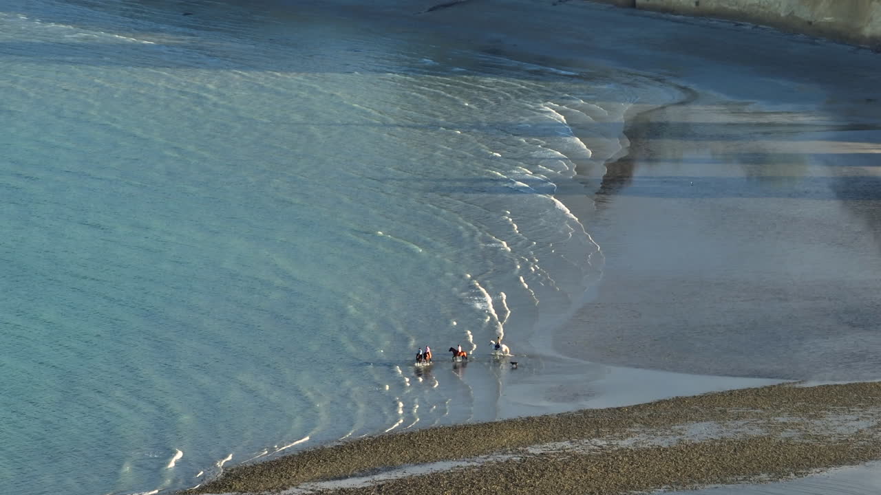 группа всадников едет по мелким волнам на песчаном пляже в районе тасман в новой зеландии.