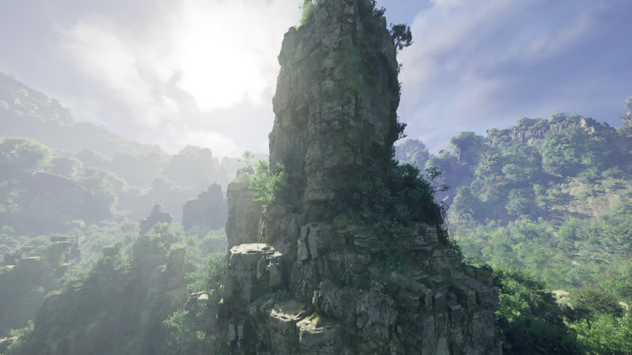 Majestic rock formations above lush greens in afternoon light