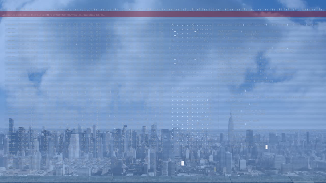 도시 풍경 위의 데이터 처리 애니메이션