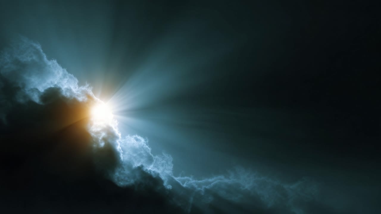 Dramatic Light Breaking Through Dark Clouds with Radiant Sun Rays Illuminating the Sky, Creating a Stunning Visual Contrast of Darkness and Light