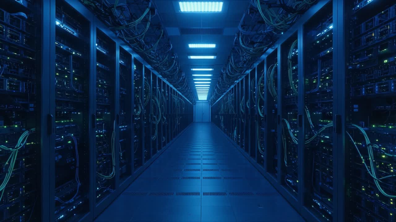 A Captivating View into a High-Tech Server Room: Illuminated Racks of Servers and Cables in a Futuristic Data Center Environment