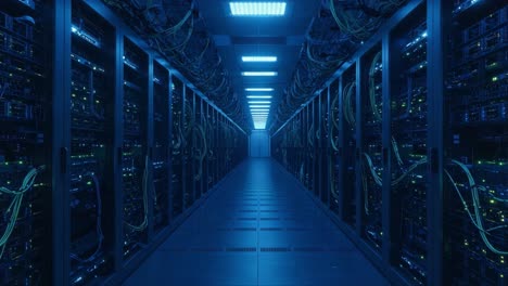 a captivating view into a high-tech server room: illuminated racks of servers and cables in a futuristic data center environment