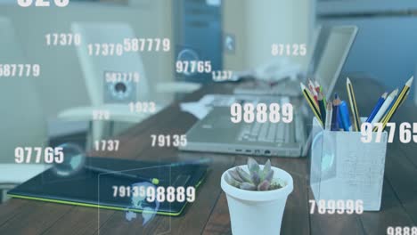 multiple changing numbers and round scanners against equipment of desk at office