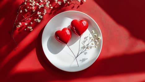 two red hearts on a white plate with flowers