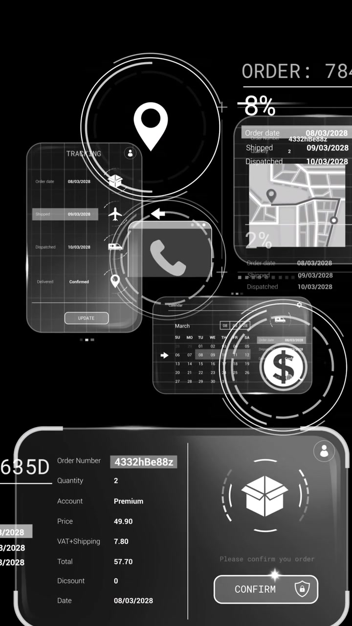 Animation of data processing on screens over black background