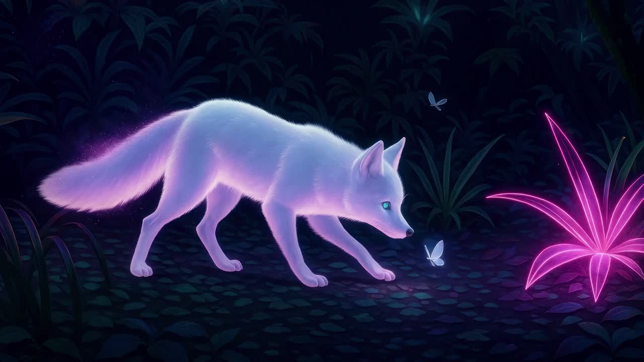 Una volpe bianca mistica in una foresta oscura, illuminata da piante luminescenti