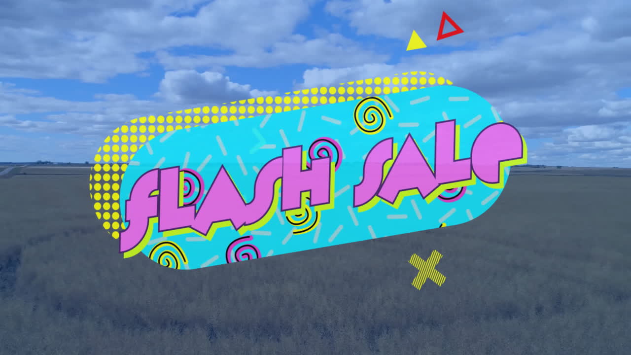 Retro flat design FLASH SALE graphic floating over grassy field, featuring halftone dots, spirals