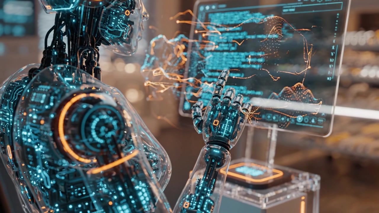 Futuristic Cybernetic Robot Interacting with a Holographic Display in a High-Tech Environment, Showcasing Advanced AI and Technology Integration.