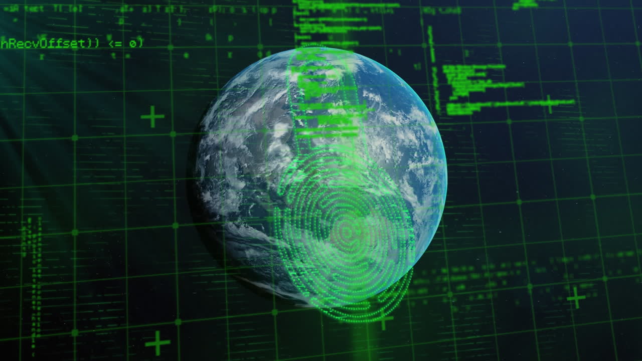 Animation of biometric padlock and data processing over globe