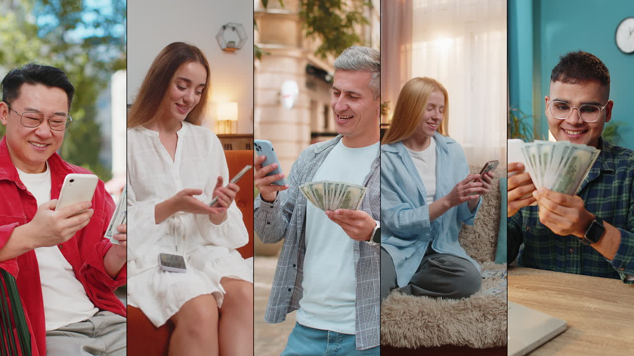 Collage of happy rich people men women with smartphone money dollar cash counting earnings salary