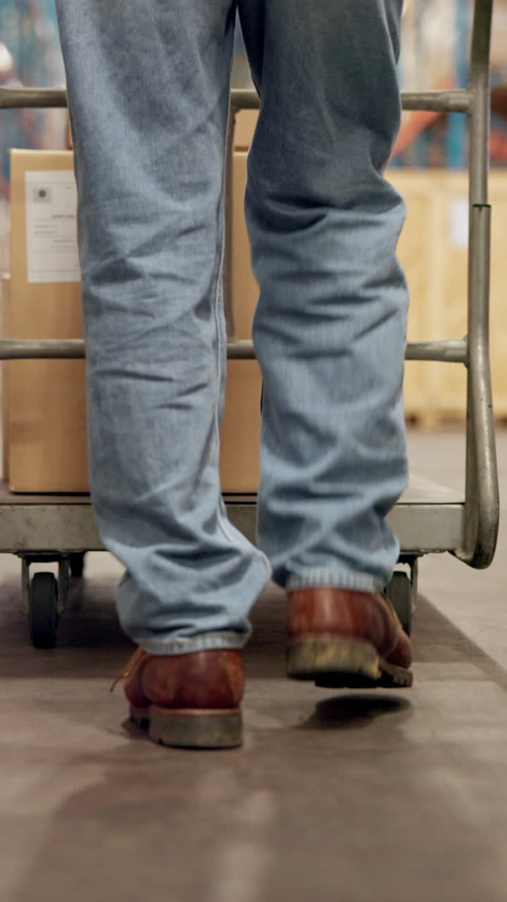 Person in warehouse with cart and boxes