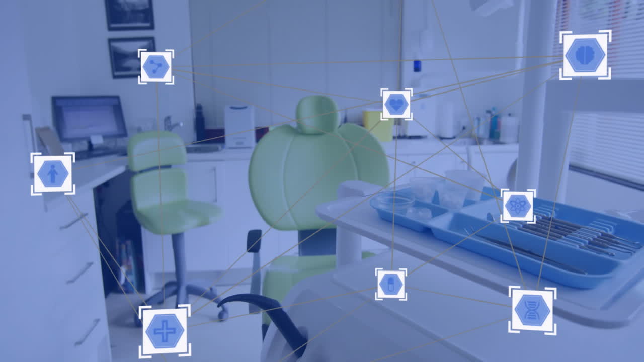 장비와 함께 치과 사무실에 대한 의료 아이콘 및 네트워크 연결 애니메이션
