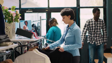 store employee arranging hangers