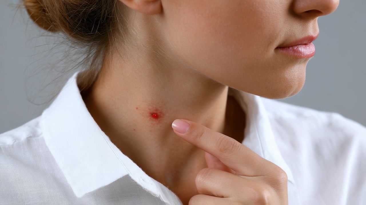 Un'immagine ravvicinata di una donna che indica un'imperfezione rossa sul collo, illustrando le imperfezioni della pelle e l'impatto dell'acne o delle condizioni cutanee sull'immagine di sé e sulla salute