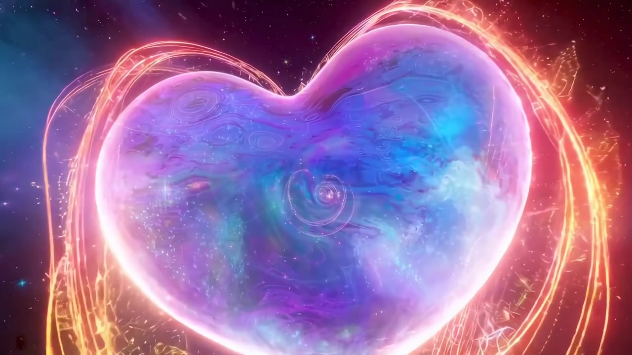 Cuore astratto luminoso nello spazio con vortice di energia e tunnel di luce