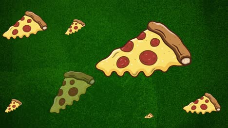 Animation-Von-Peperoni-Pizzascheiben-Auf-Einem-Bewegten,-Grün-Verschmierten-Hintergrund