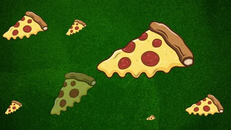 animación de rebanadas de pizza de pepperoni en movimiento de fondo manchado verde